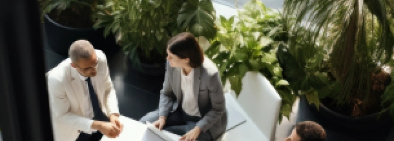 Spotkanie zespołu w przestrzeni biurowej inspirowanej naturą, nawiązującej do zrównoważonego rozwoju.